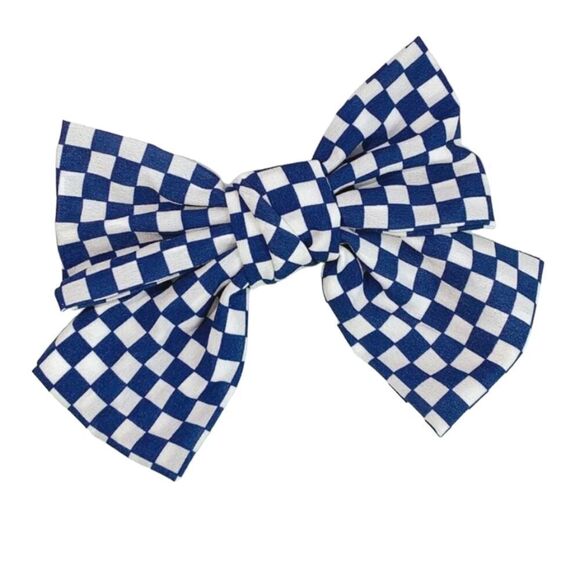 Blue Checkered Bow Barrette - Picture 5 of 6
